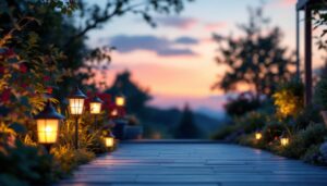 A photograph of a beautifully illuminated outdoor space featuring various styles of plastic lights