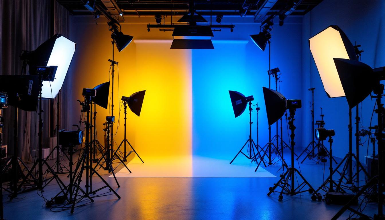 A photograph of a well-lit studio setup showcasing various types of professional lighting equipment in use