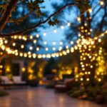 A photograph of a beautifully illuminated outdoor setting featuring warm white led string lights draped elegantly across trees or a patio