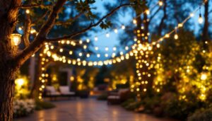 A photograph of a beautifully illuminated outdoor setting featuring warm white led string lights draped elegantly across trees or a patio