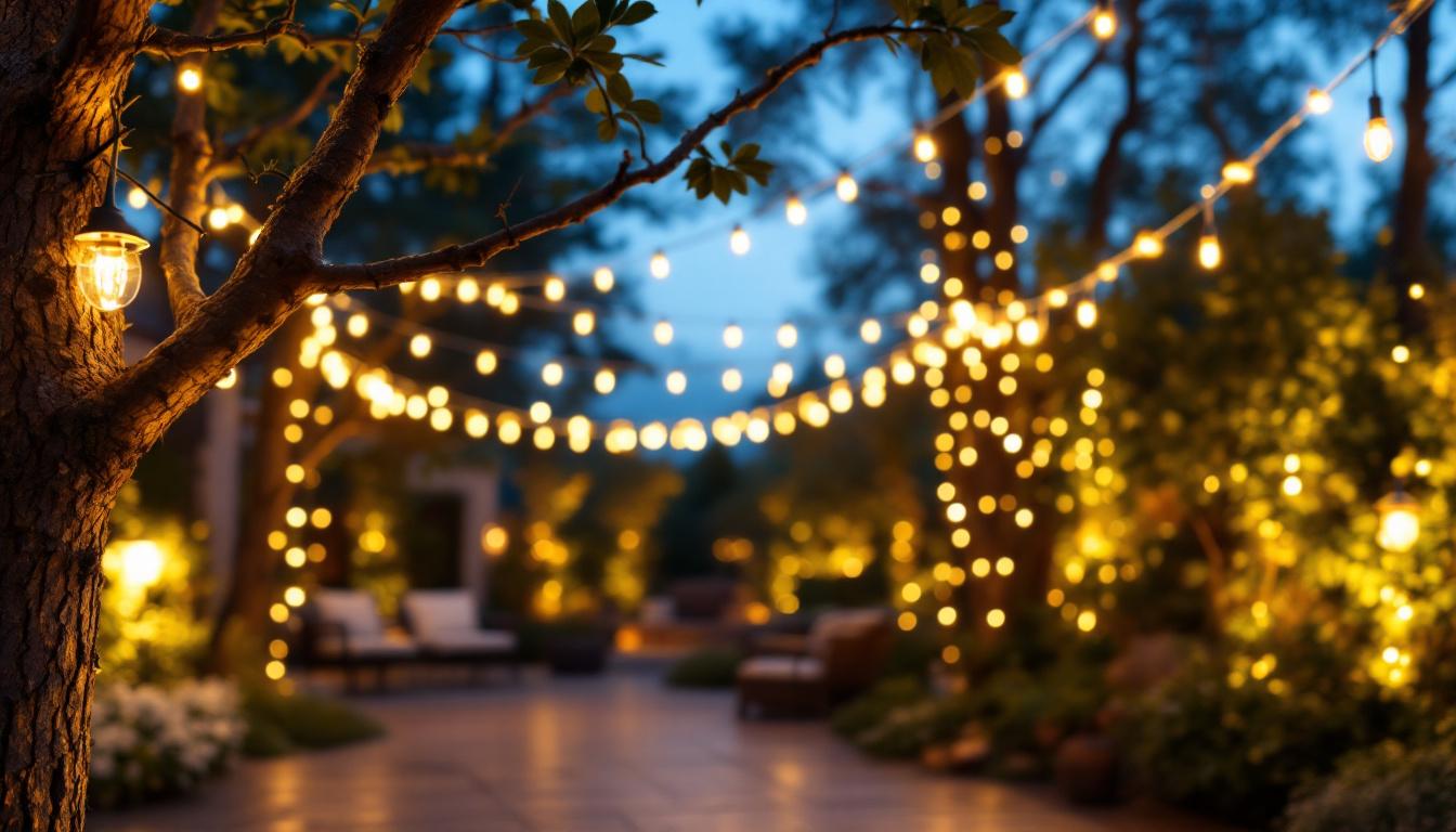 A photograph of a beautifully illuminated outdoor setting featuring warm white led string lights draped elegantly across trees or a patio