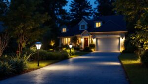 A photograph of a well-lit driveway featuring solar lights