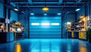 A photograph of a well-lit garage showcasing various types of lighting fixtures