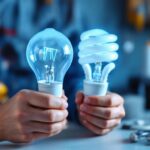 A photograph of a lighting contractor examining a t8 fluorescent bulb and a t12 bulb side by side