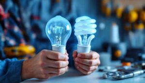 A photograph of a lighting contractor examining a t8 fluorescent bulb and a t12 bulb side by side