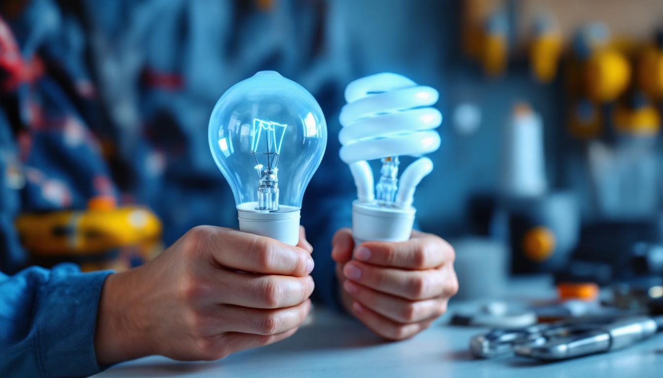 A photograph of a lighting contractor examining a t8 fluorescent bulb and a t12 bulb side by side