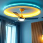 A photograph of a stylishly designed ceiling fan mounted on a wall