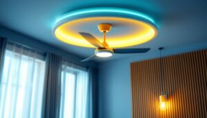 A photograph of a stylishly designed ceiling fan mounted on a wall