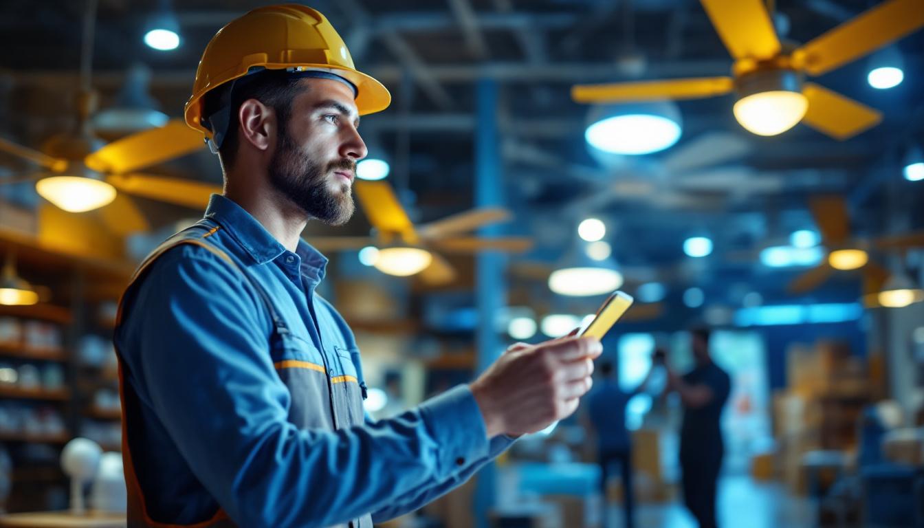 A photograph of a lighting contractor examining an array of affordable ceiling fans in a well-lit showroom