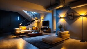 A photograph of a well-lit unfinished basement showcasing various smart lighting solutions