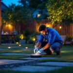 A photograph of a beautifully illuminated outdoor space featuring solar puck lights in various settings