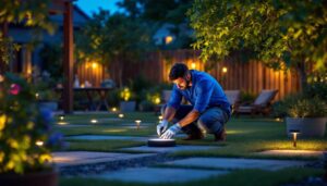 A photograph of a beautifully illuminated outdoor space featuring solar puck lights in various settings