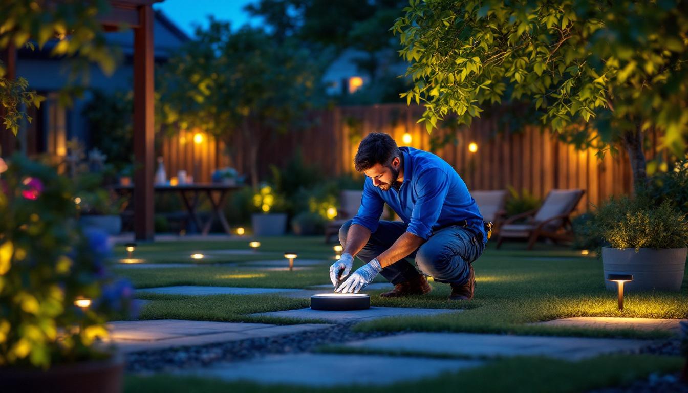 A photograph of a beautifully illuminated outdoor space featuring solar puck lights in various settings