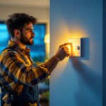 A photograph of a lighting contractor expertly installing a leviton 0-10v dimmer switch in a modern home setting