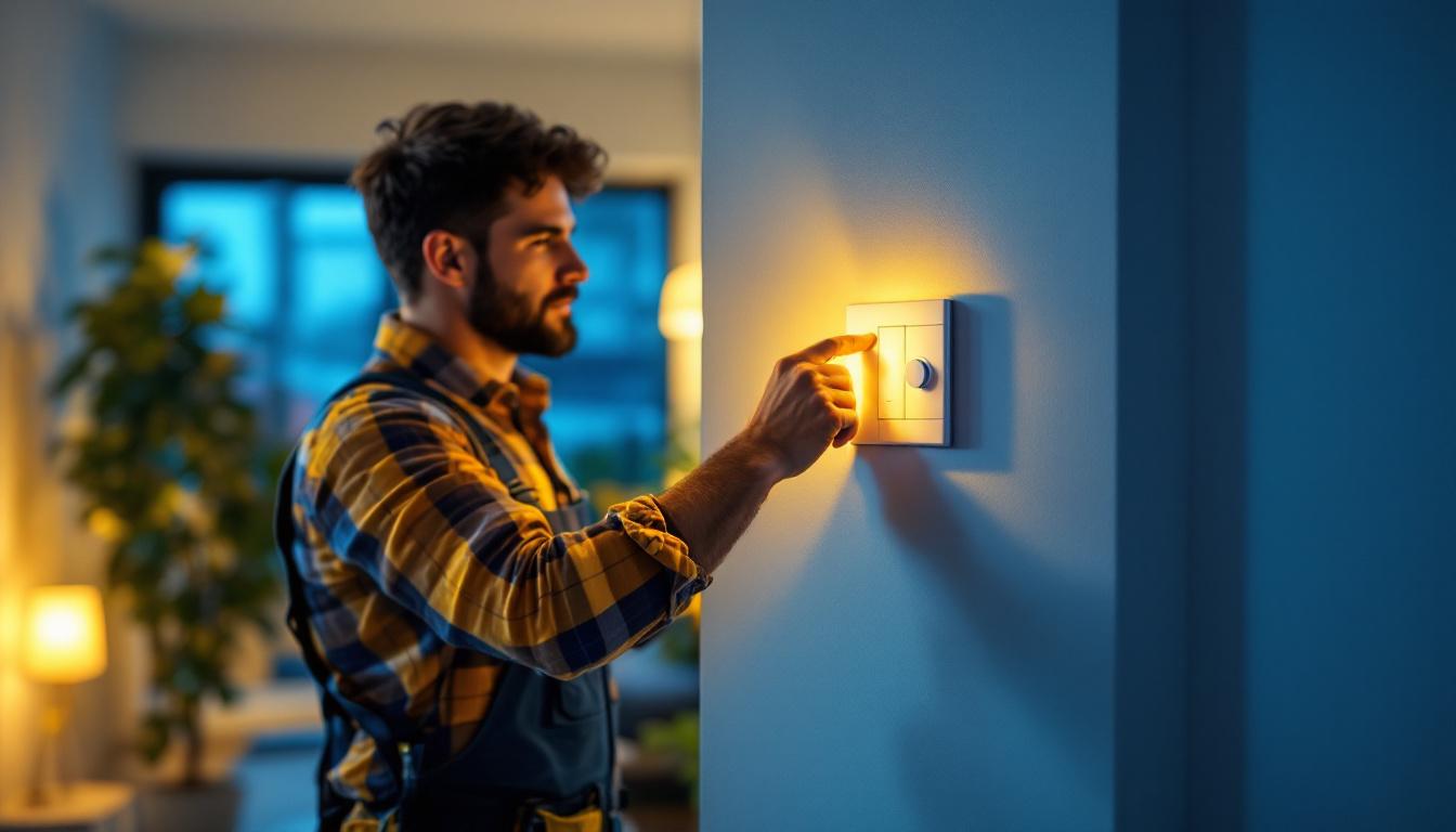A photograph of a lighting contractor expertly installing a leviton 0-10v dimmer switch in a modern home setting