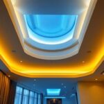A photograph of a beautifully designed inset ceiling featuring modern lighting fixtures