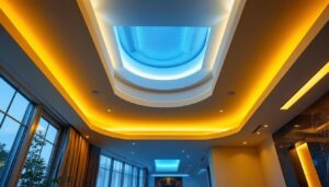 A photograph of a beautifully designed inset ceiling featuring modern lighting fixtures