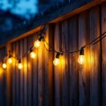 A photograph of a beautifully illuminated outdoor fence at dusk