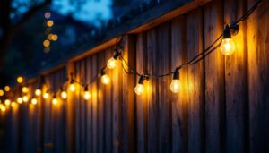A photograph of a beautifully illuminated outdoor fence at dusk