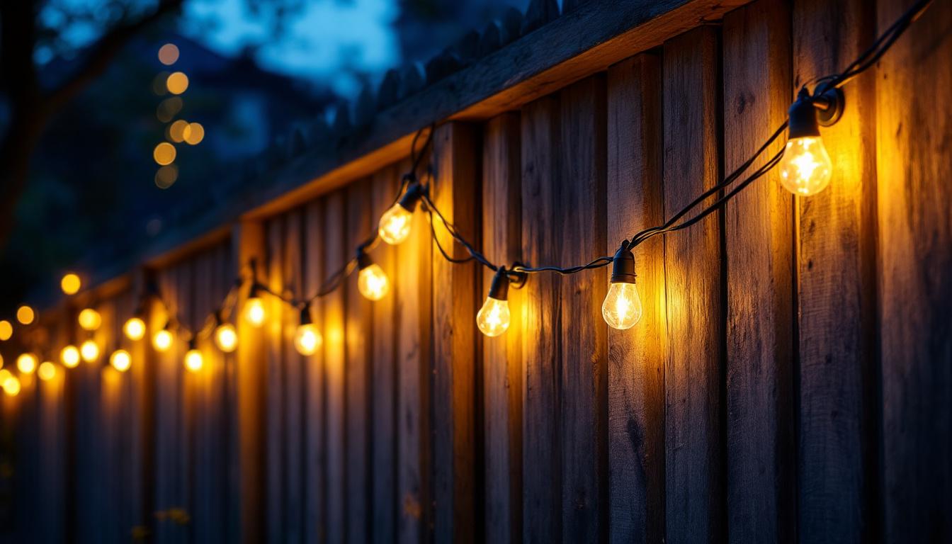 A photograph of a beautifully illuminated outdoor fence at dusk