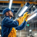 A photograph of a lighting contractor expertly installing or adjusting various tube lamps in a well-lit commercial space