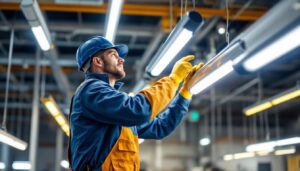 A photograph of a lighting contractor expertly installing or adjusting various tube lamps in a well-lit commercial space