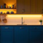A photograph of a beautifully lit kitchen or cabinetry space that showcases under-cabinet lighting
