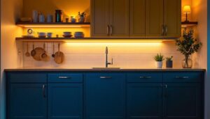A photograph of a beautifully lit kitchen or cabinetry space that showcases under-cabinet lighting