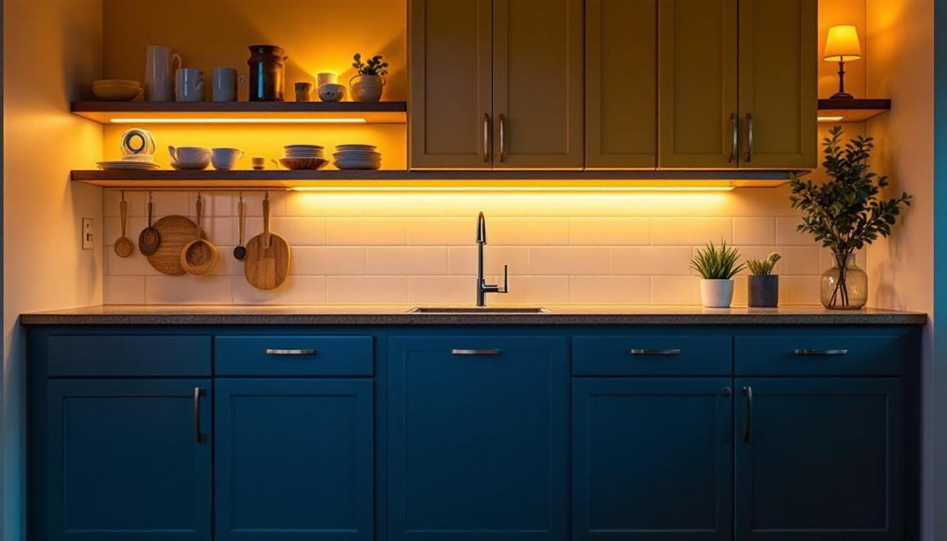 A photograph of a beautifully lit kitchen or cabinetry space that showcases under-cabinet lighting