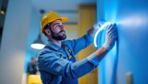 A photograph of a skilled lighting contractor expertly installing bendable led strip lighting in a modern interior space