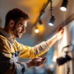 A photograph of a skilled lighting contractor expertly installing or adjusting track lighting in a beautifully designed interior space