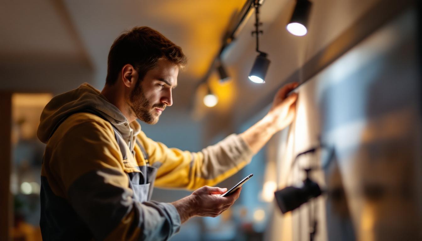 A photograph of a skilled lighting contractor expertly installing or adjusting track lighting in a beautifully designed interior space