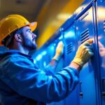 A photograph of a lighting contractor installing or adjusting vibrant locker led lights in a school or gym setting