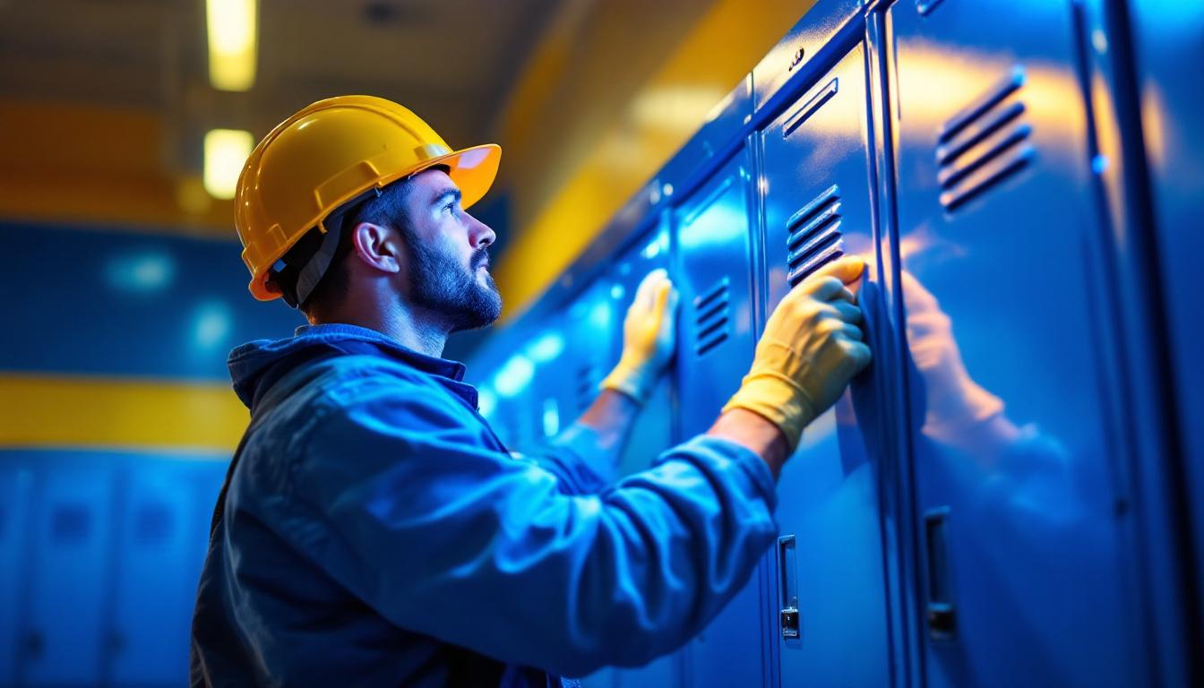 A photograph of a lighting contractor installing or adjusting vibrant locker led lights in a school or gym setting