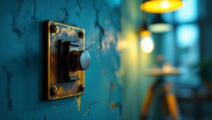 A photograph of a vintage light switch alongside modern lighting fixtures in a well-lit room