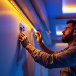 A photograph of a skilled lighting contractor installing led lighting trim in a modern interior space