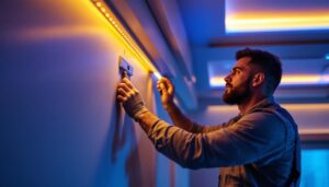 A photograph of a skilled lighting contractor installing led lighting trim in a modern interior space