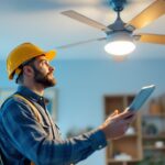 A photograph of a lighting contractor examining a stylish hansen wholesale fan in a well-lit space