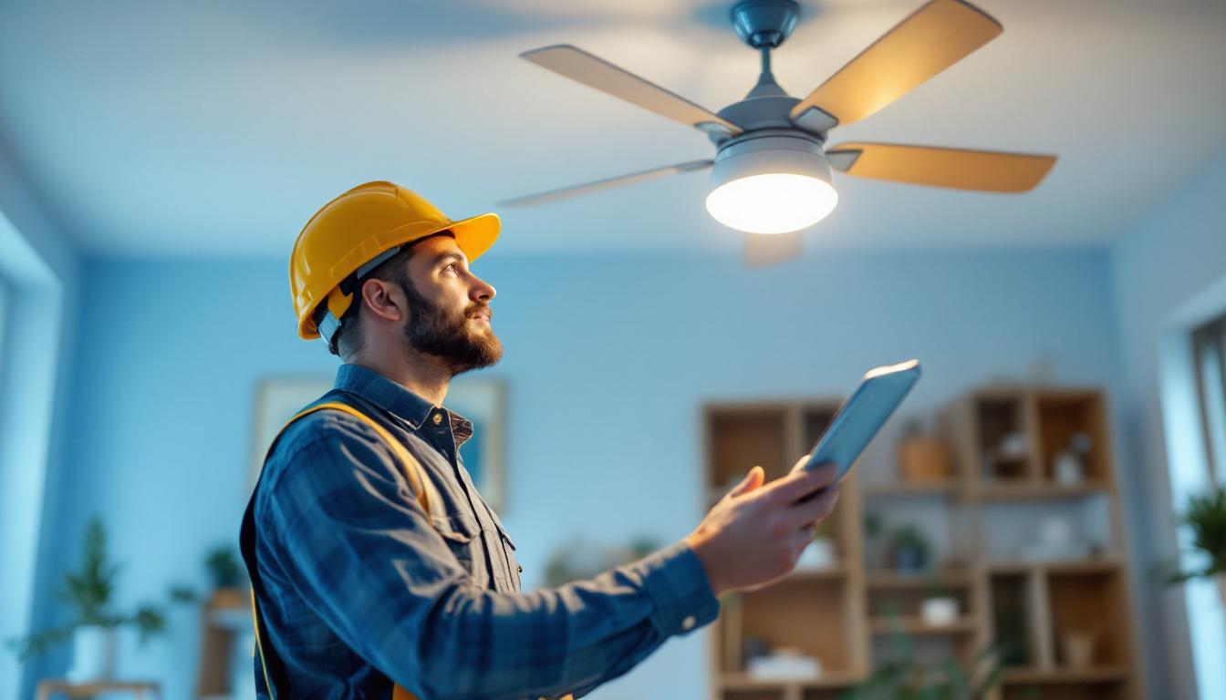 A photograph of a lighting contractor examining a stylish hansen wholesale fan in a well-lit space