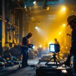 A photograph of a well-lit worksite featuring various types of work lights in action