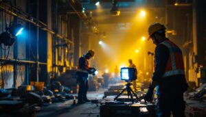 A photograph of a well-lit worksite featuring various types of work lights in action