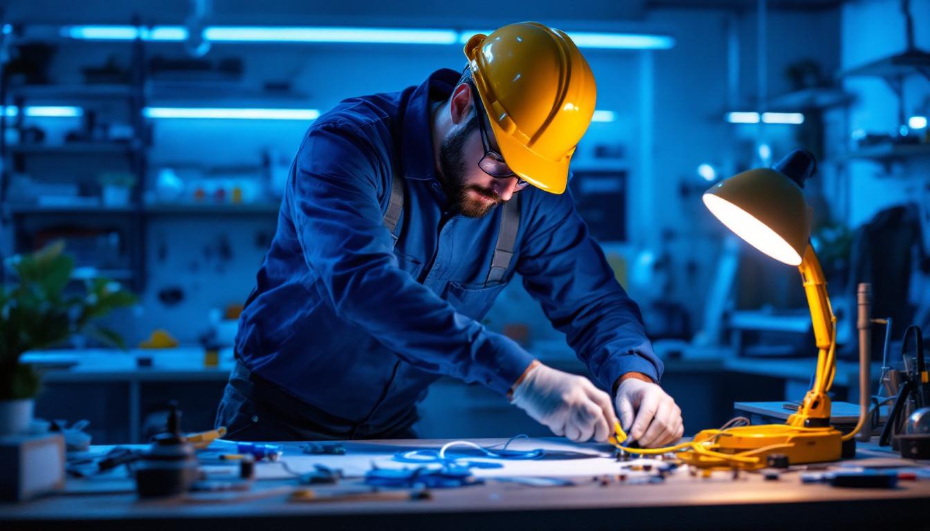 A photograph of a lighting contractor expertly assembling a led wire kit in a well-lit workspace