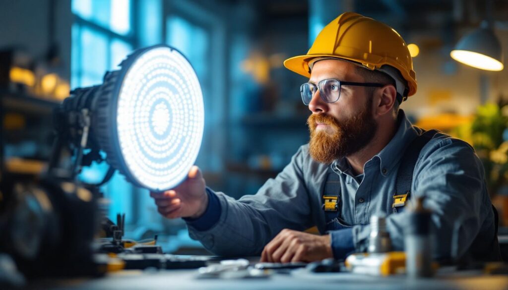 A photograph of a lighting contractor examining a high wattage led lamp in a well-lit workspace