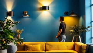 A photograph of a stylish interior space featuring various wall sconce lights in action