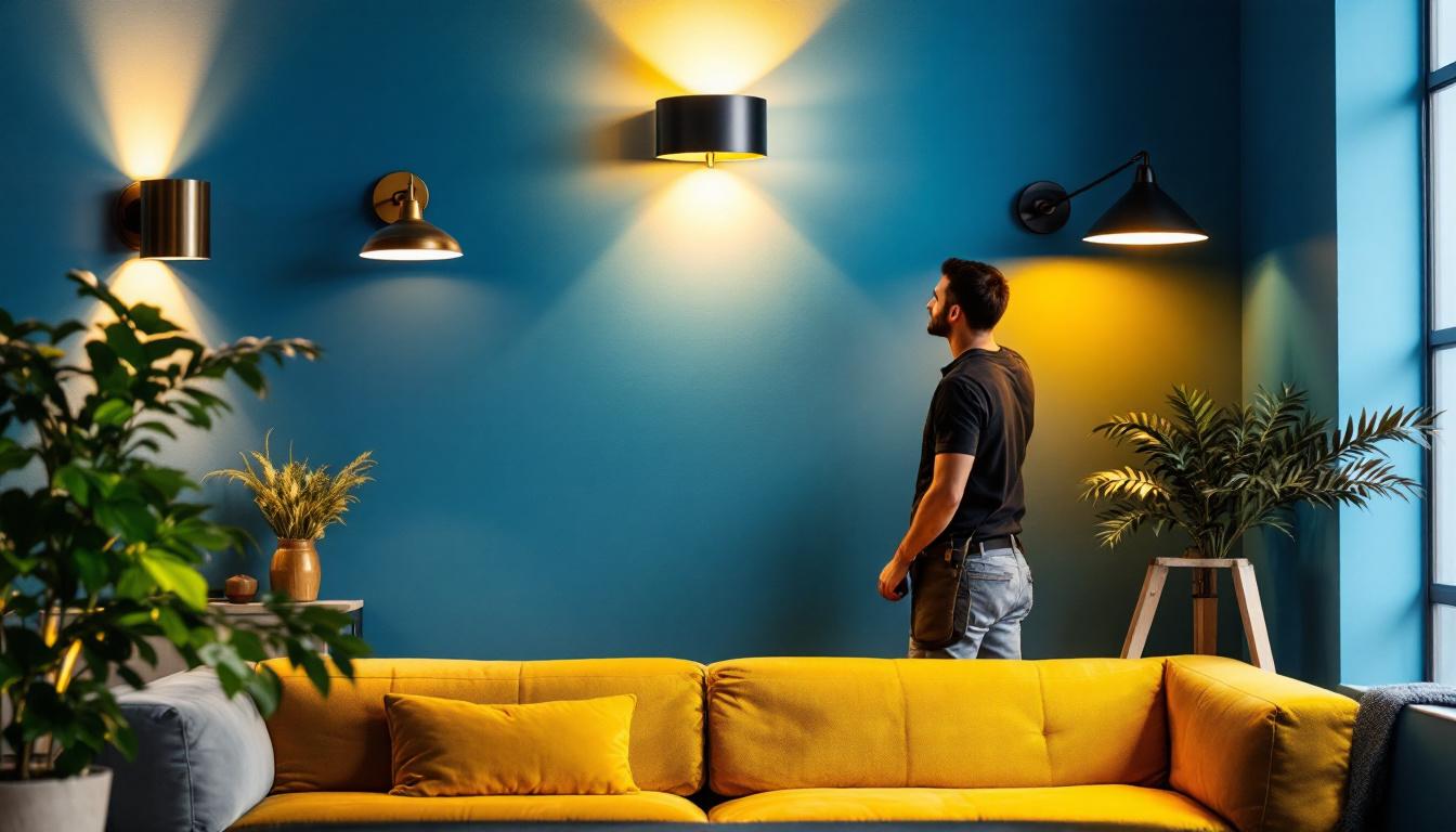 A photograph of a stylish interior space featuring various wall sconce lights in action