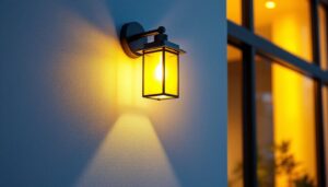 A photograph of a beautifully lit outdoor wall light mounted at an ideal height on a stylish exterior wall