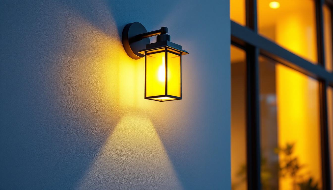 A photograph of a beautifully lit outdoor wall light mounted at an ideal height on a stylish exterior wall