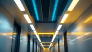 A photograph of a modern hall illuminated by sleek led ceiling lights
