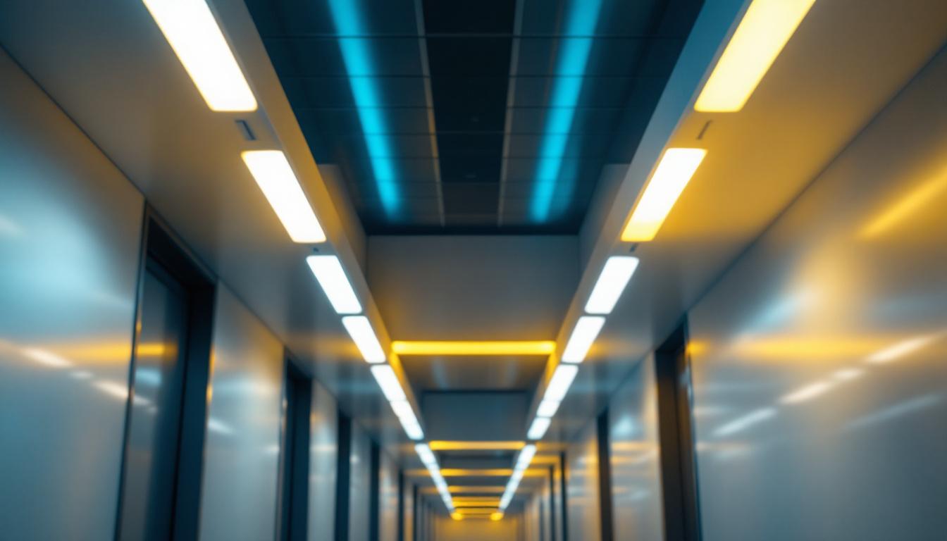 A photograph of a modern hall illuminated by sleek led ceiling lights