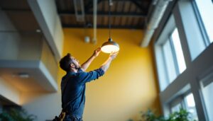 A photograph of a lighting contractor efficiently installing a sleek